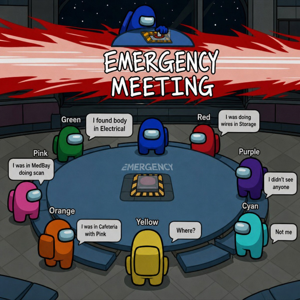 Among Us emergency meeting with players discussing a reported body.