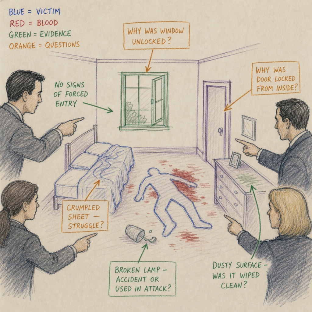 Shared drawing with differently colored lines and players pointing to suspicious details.