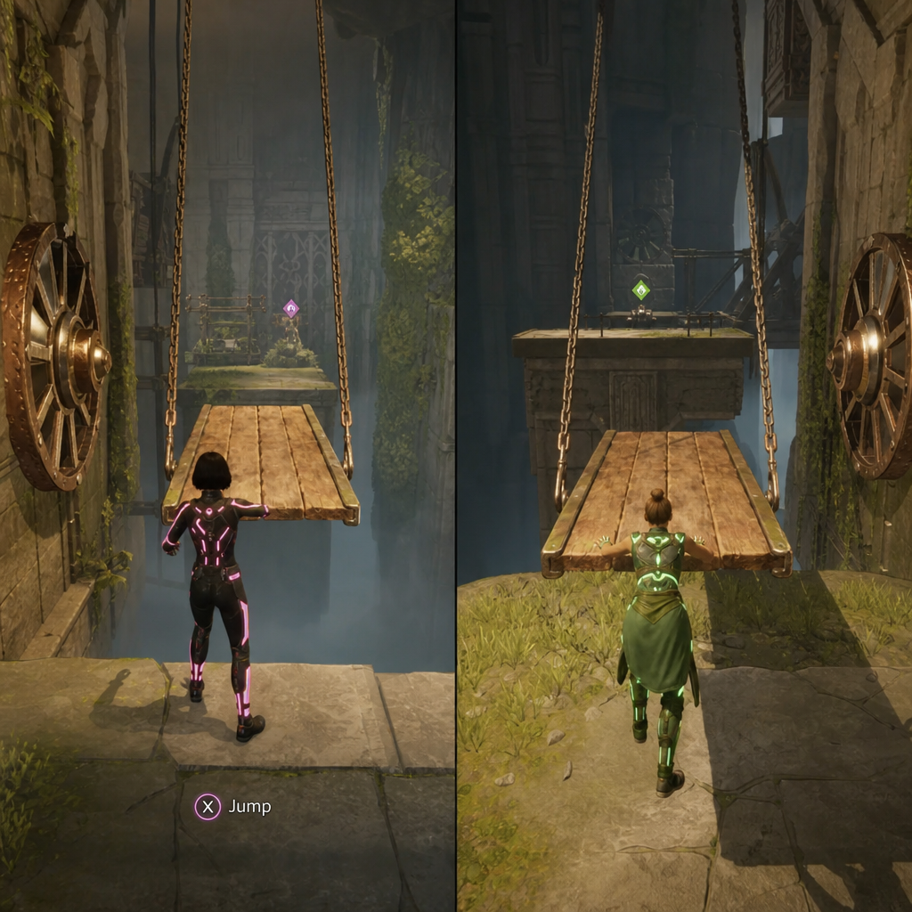 Split Fiction split-screen showing both players tackling a cooperative obstacle
