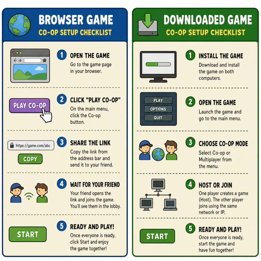Browser game and downloaded co-op setup checklist side by side